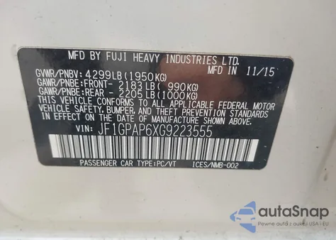 2016 Subaru Impreza 2.0I Sport Premium from USA, damaged, VIN JF1GPAP6XG9223555